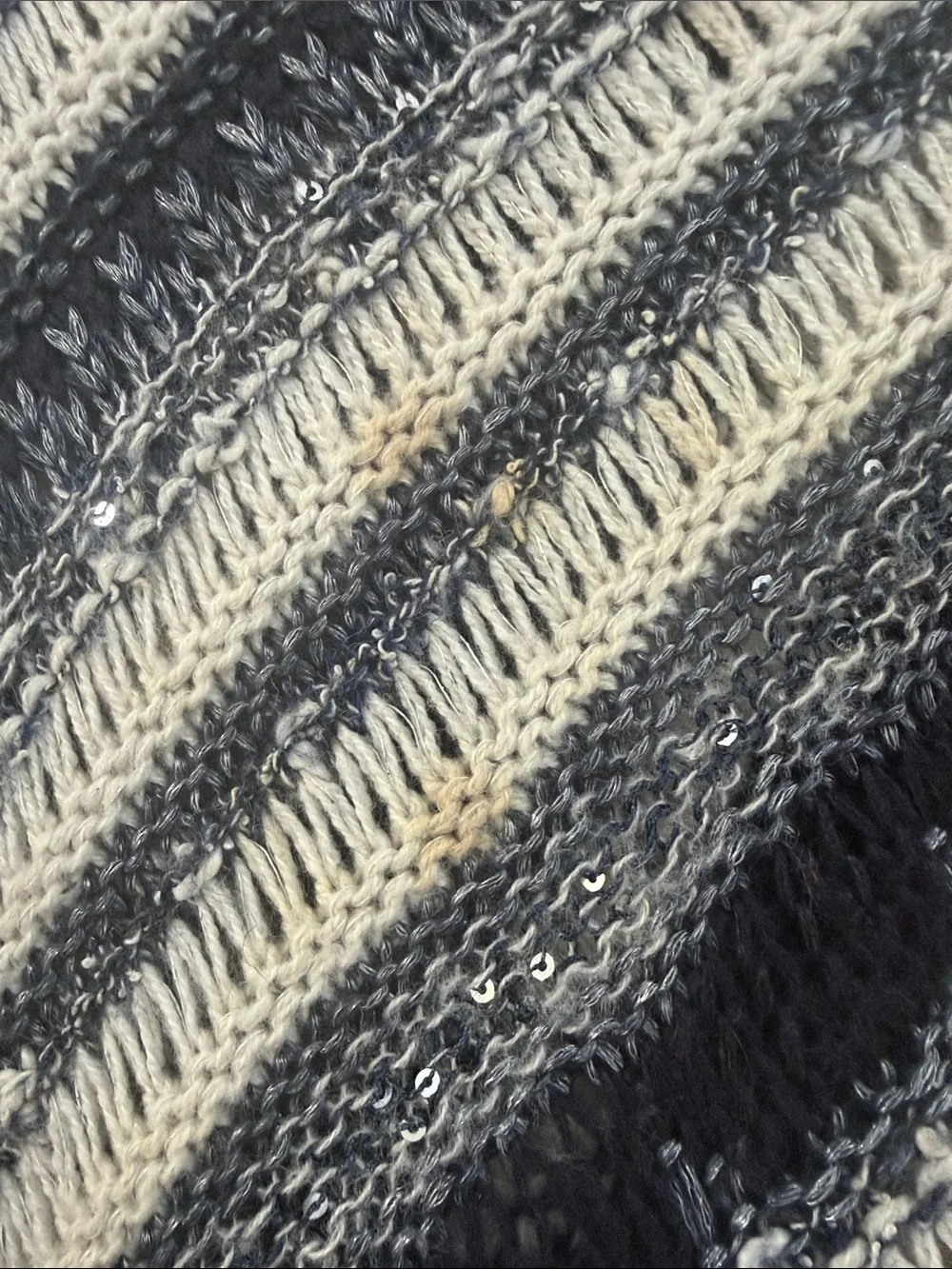 Chico's Black and Cream Striped Knit Poncho with Faux Fur Edge